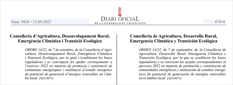 Extracto convocatoria ayudas creación comunidades energéticas en la Comunidad Valenciana.