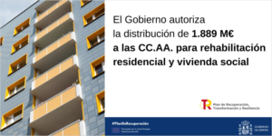 Edificio residencial de varias alturas en el lado izquierdo y en el derecho el texto con los fondos que distribuirá el Gobierno a las CC.AA para rehabilitación residencial.