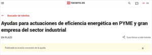 Página del Gobierno de Navarra con la tramitación de ayudas a la eficiencia energética en el sector industrial.