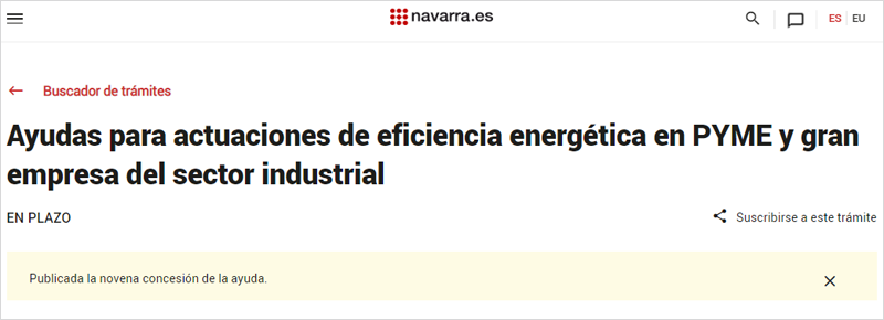 Página del Gobierno de Navarra con la tramitación de ayudas a la eficiencia energética en el sector industrial.