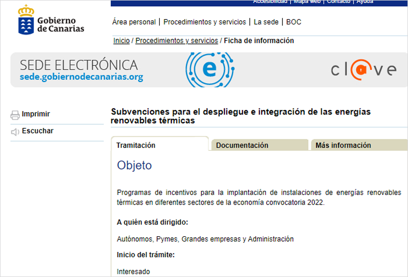 Pantallazo de la página de tramitación de las ayudas del Gobierno de Canarias.