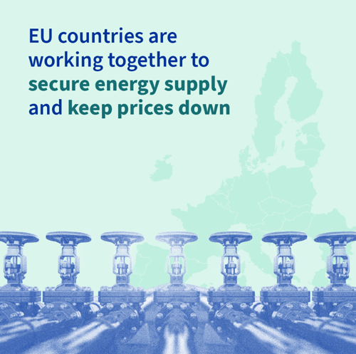 Infografía de la UE trabajan juntos para asegurar el suministro de energía y los precios bajos.