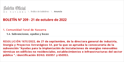 Convocatoria de subvenciones para implantar instalaciones de energías renovables térmicas en Navarra