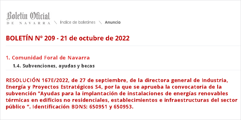 Extracto convocatoria ayudas implantación instalaciones renovables térmicas en Navarra.