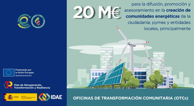 Infografía placas solares, edificios, molino eólico y un texto con las oficinas de transformación comunitaria y comunidades energéticas.