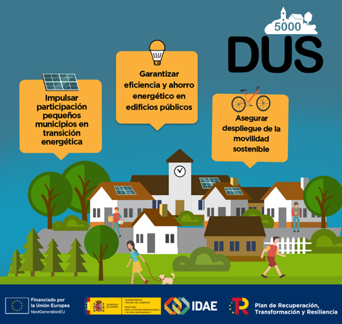 Infografía con viviendas, personas en la calle, árboles y el logo de DUS 5.000.