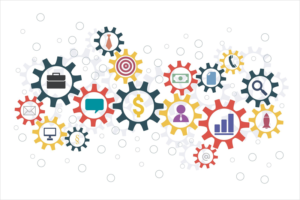 Infografía con dibujos de gestión como gráfico de barras, dinero, maletín, mensaje, ordenador, correo, etc.