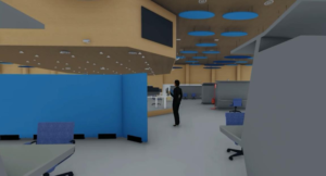 Interior de una sala con iluminación LED y una persona, es una infografía o dibujo.