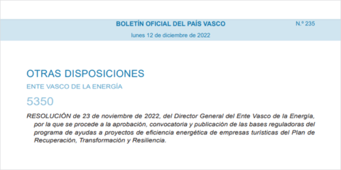 Convocatoria de ayudas para mejorar la eficiencia energética en el sector turístico del País Vasco