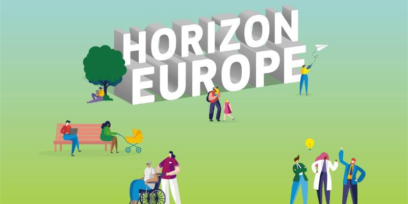Infografía de gente en labores cotidianas y el texto del programa de trabajo Horizonte Europa 2023-2024.