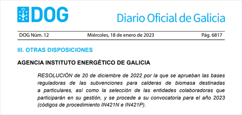 Extracto Diario Oficial de Galicia con la convocatoria de ayudas para calderas biomasa en hogares.