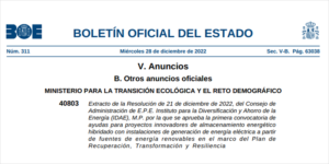 Extracto publicación BOE ayudas almacenamiento energético.