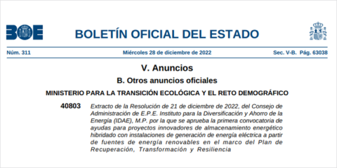 Primeras ayudas para proyectos de almacenamiento energético hibridado con renovables