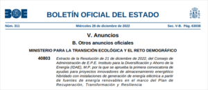 Extracto publicación BOE ayudas almacenamiento energético.