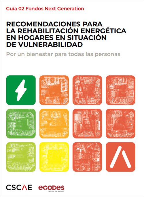 12 cuadrados de colores y portada de la guía de recomendaciones de rehabilitación energética en hogares vulnerables.