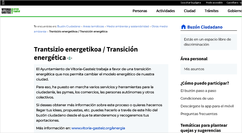 Pantallazo espacio transición energética en el buzón ciudadano de la web del Ayuntamiento de Vitoria.