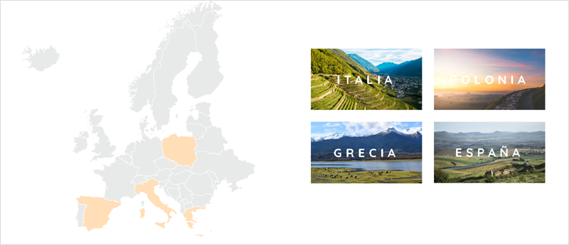 Mapa de todo el mundo y en un lateral destacado el nombre de cuatro países Italia, Polonia, Grecia y España.