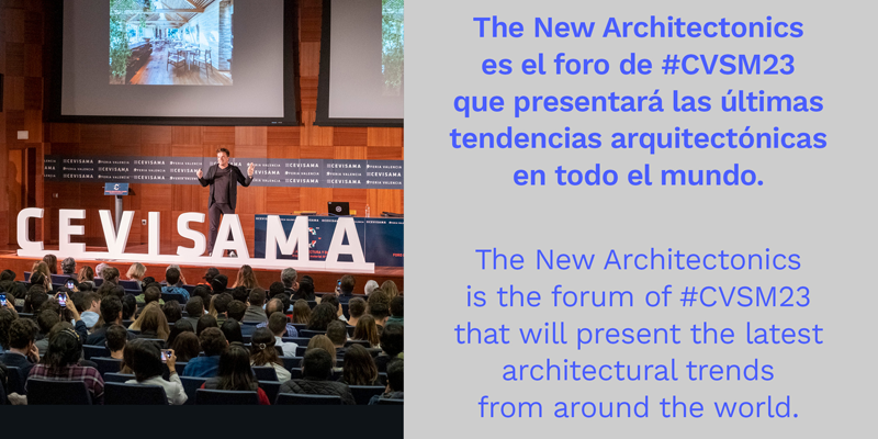 Infografía foto ponencia Cevisama y un texto sobre el nuevo espacio The New Arquitectonics.