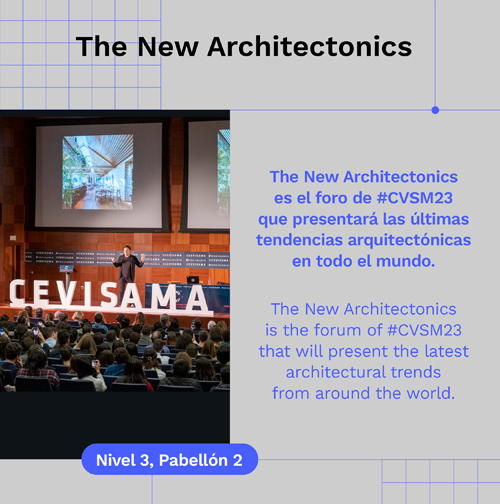 Infografía foto ponencia Cevisama y un texto sobre el nuevo espacio The New Arquitectonics.