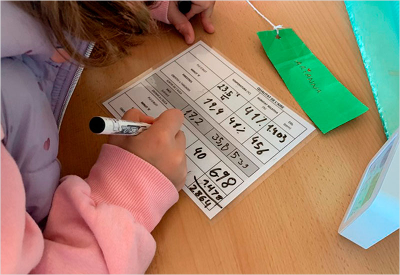 Una niña apunta números en una hoja del colegio.