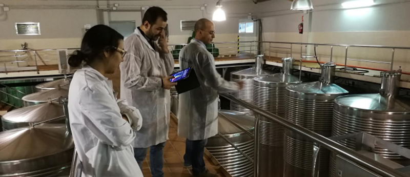 Proceso industrial de elaboración del vino y tres técnicos con bata blanca mirando el proceso.