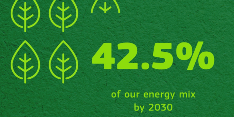 Fondo verde oscuro, infografía con varias hojas en verde más clarito y un 42,5%.