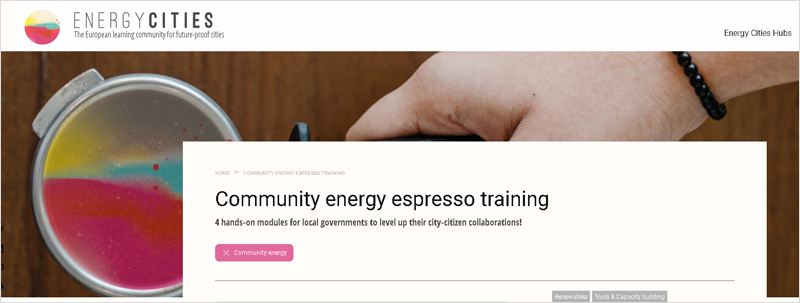 Aparato para hacer café y texto Community energy espresso training.