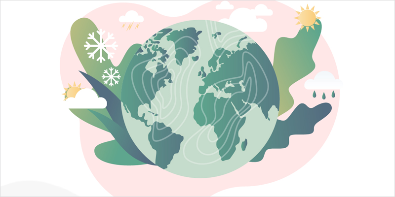 Bola del mundo con dos tonos de color verde e iconos de sol y nieve.