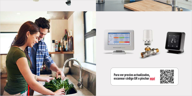 Foto de una pareja en la cocina en el fregadero y otra pareja mirando una tablet. Al lado de ambas fotos productos de control de calefacción y refrigeración.