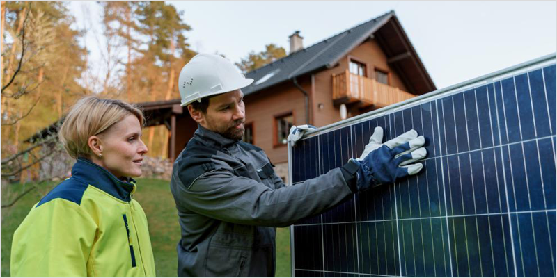 Hombre y mujer tocando una placa solar antes de instalar y al fondo desenfocada una vivienda unifamiliar.