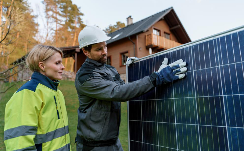 Hombre y mujer tocando una placa solar antes de instalar y al fondo desenfocada una vivienda unifamiliar.