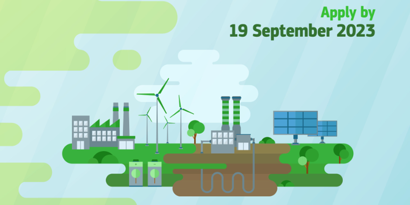 Infografía edificios, fábricas, molinos de viento y placas solares.