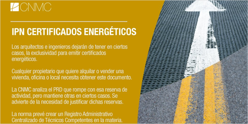 Infografía flecha blanca y texto con IPN certificados energéticos.