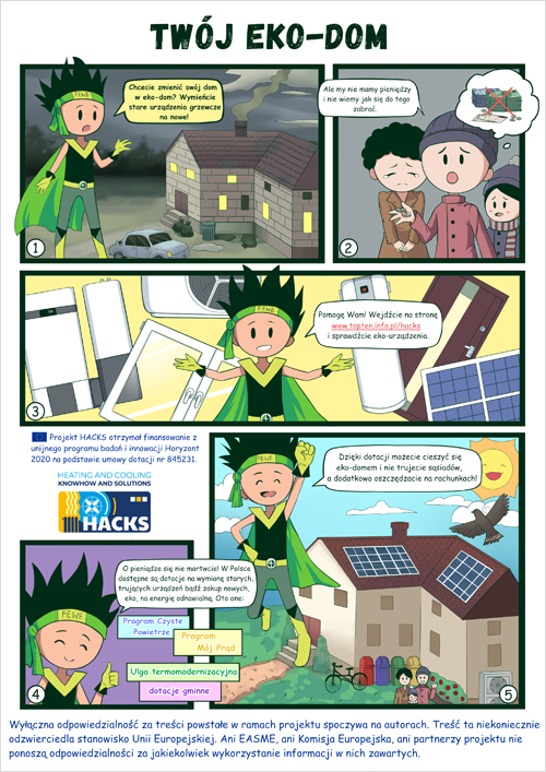 Comic con cinco viñetas, un niño con capa verde y placas solares en el tejado de un edificio.
