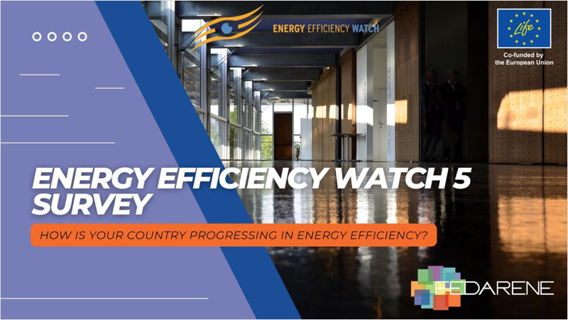 Pasillo largo y la palabra eficiencia energética en inglés.