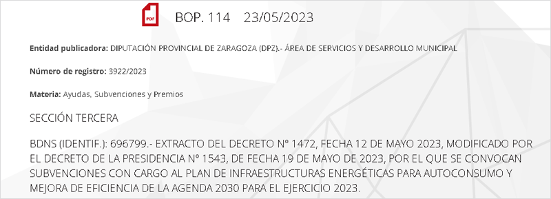 Extracto Boletín Oficial Provincia Zaragoza.