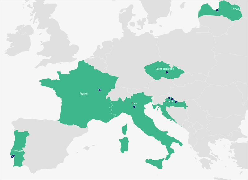 Mapa y 6 países coloreados en verde.
