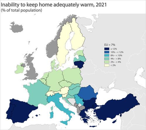 Mapa de Europa con diferentes colores en función del grado de pobreza energética en 2021.