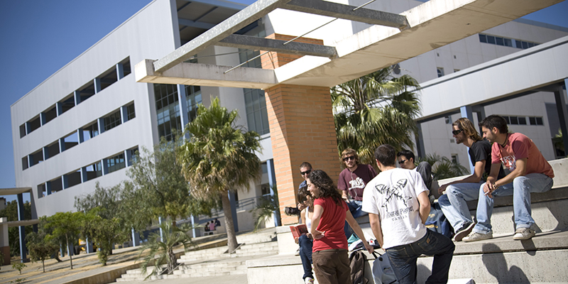 Jóvenes sentados y de pie hablando en las instalaciones de un campus universitario con el edificio al fondo.