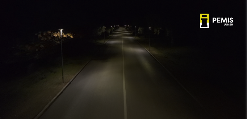 Carretera y farolas iluminándola de noche.