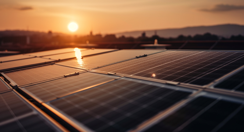 Placas solares en un tejado y el sol en un atardecer escondiéndose.