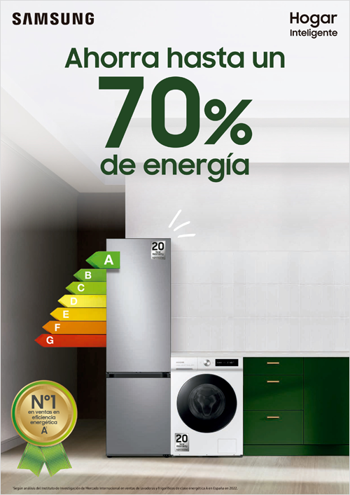 Frigorífico, lavadora, mueble de cocina y etiquetas de colores con letras de eficiencia energética.
