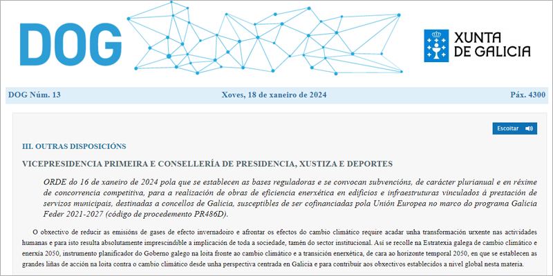 Nueva convocatoria de ayudas para impulsar la eficiencia energética en ayuntamientos de Galicia