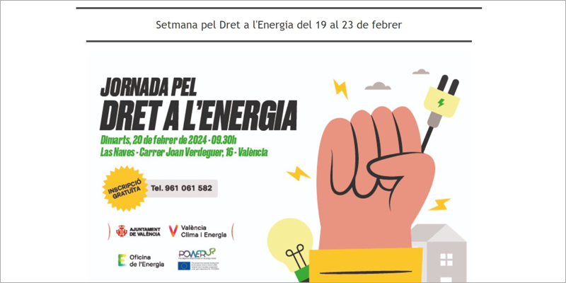 La Semana por el Derecho a la Energía en Valencia se celebrará con diferentes actividades y jornadas