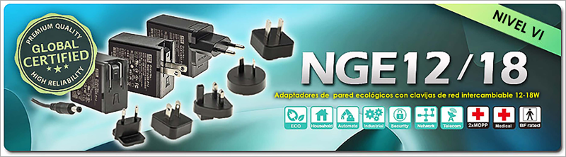Electrónica OLFER distribuye la serie NGE12/18 de adaptadores de corriente intercambiable
