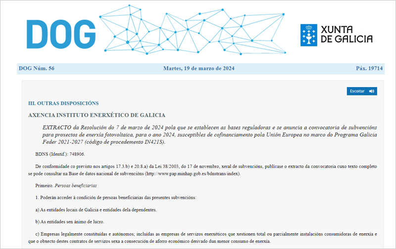 Convocatoria para apoyar proyectos de autoconsumo en empresas y administraciones públicas locales de Galicia