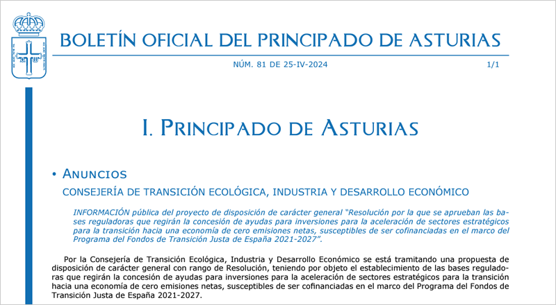 Asturias lanza la primera línea de ayudas del Fondo de Transición Justa para inversiones en energías renovables