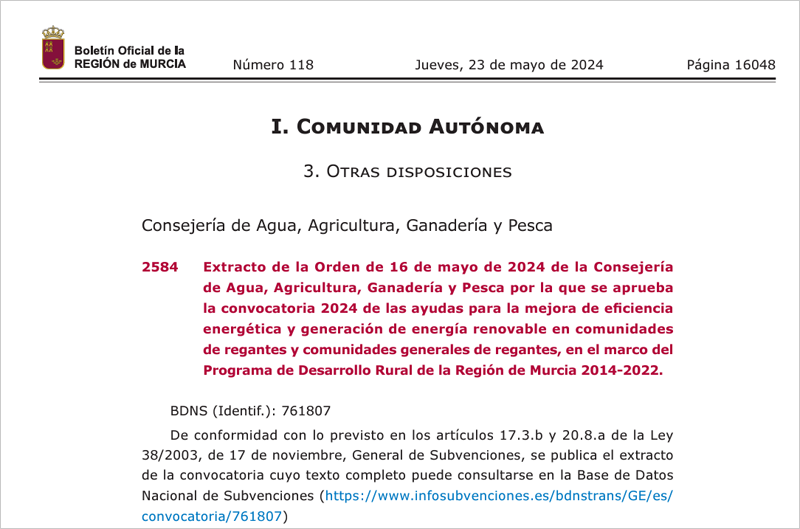 Convocatoria de ayudas para mejorar la eficiencia energética en comunidades de regantes de Murcia