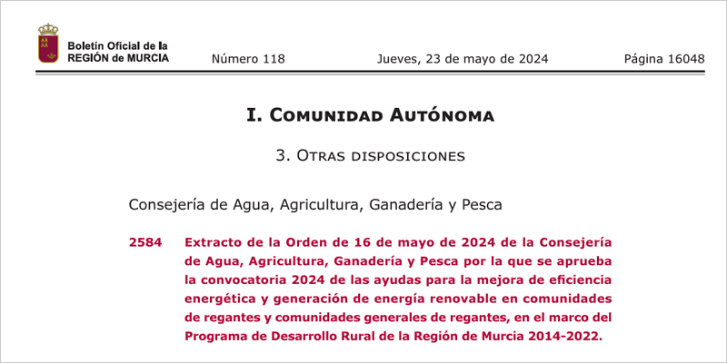 Convocatoria de ayudas para mejorar la eficiencia energética en comunidades de regantes de Murcia