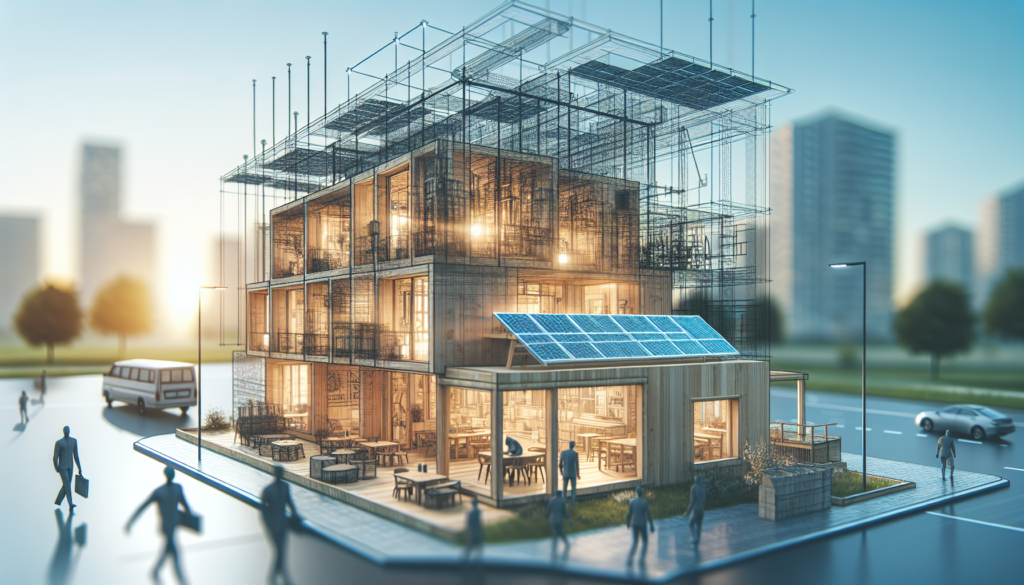Imagen combinada de un fondo que retrata la intersección entre Prefabricación y Eficiencia Energética, con un esquema en primer plano que simboliza los procesos de Prefabricación. Representación visual que fusiona conceptos de Prefabricación y Eficiencia Energética, con un esquema ilustrativo sobre Prefabricación.